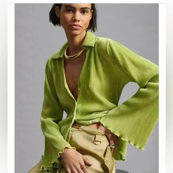 Anthropologie DOLAN women’s Lettuce-Hem Buttondown Top green sz S preloved - Picture 1 of 9